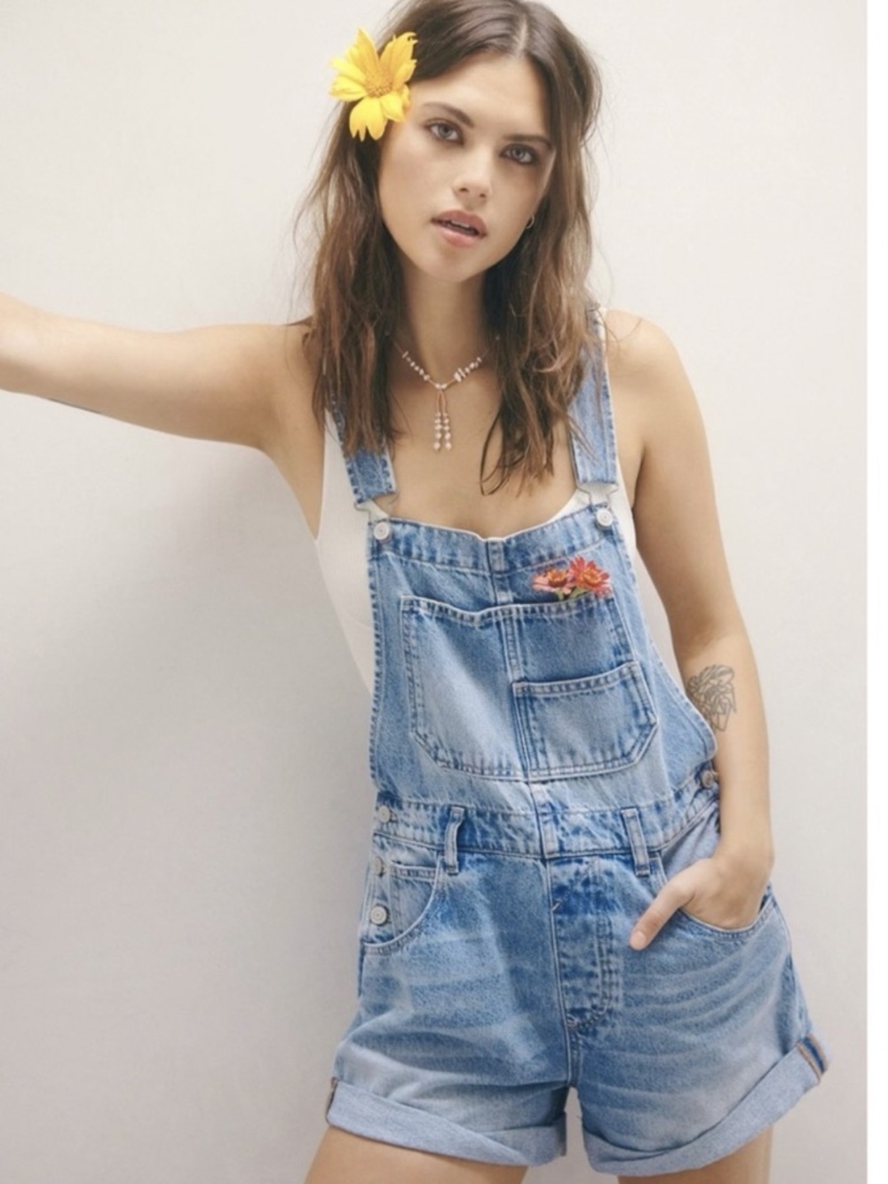 We The Free Light Blue Denim Short Overalls with Floral Patch